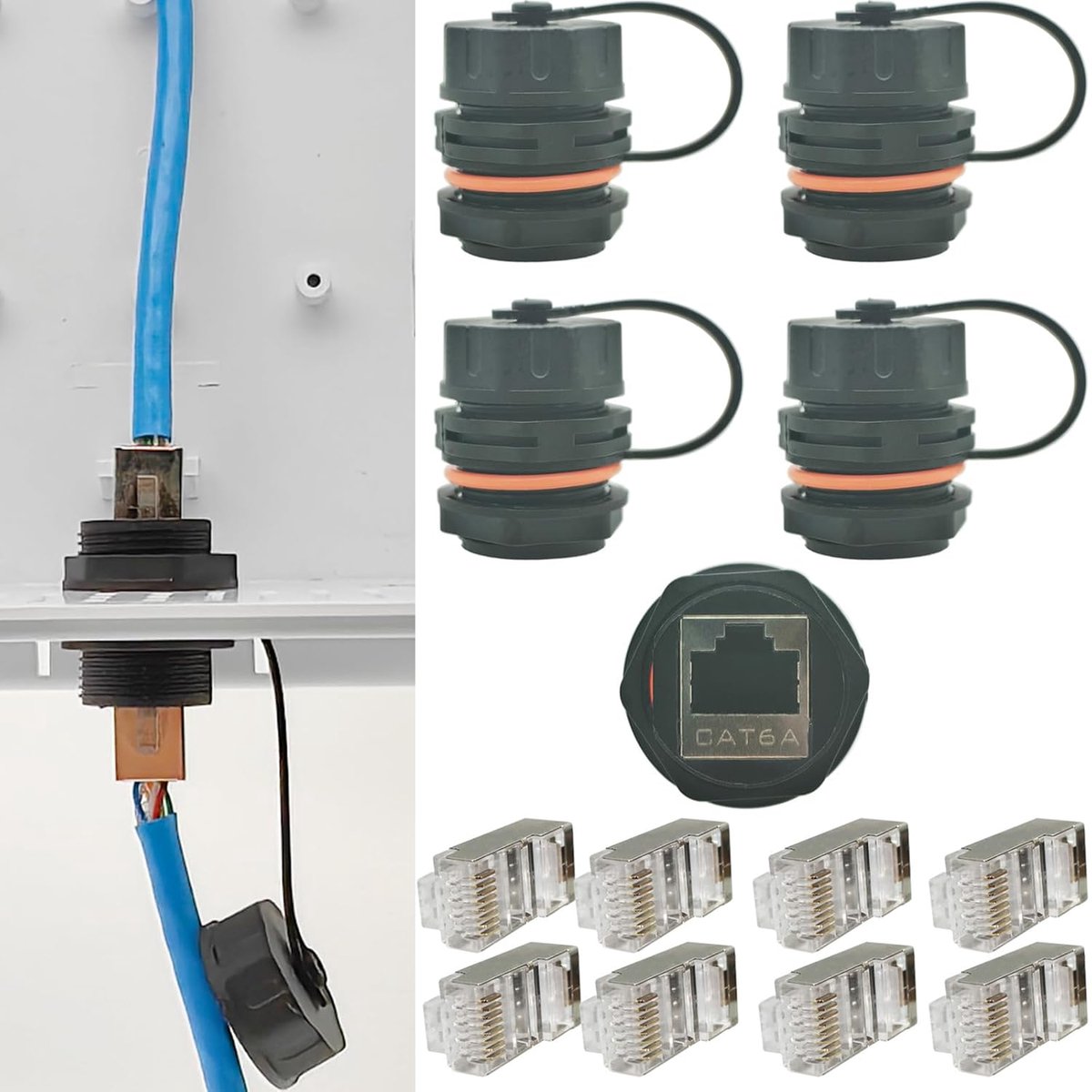 SnelShoppen - Waterproof RJ45 Coupler - 4 stuks CAT6A/6/5E/5 Ethernet Kabel Connector + 8 stuks Crystal Heads met Beschermde Industriële Paneelmontage