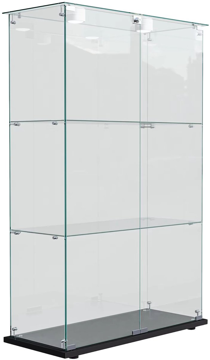 Glazen Vitrinekast 123x78 cm Wit / Zwart - Displaykast met LED Verlichting, Slot, Glazen Planken