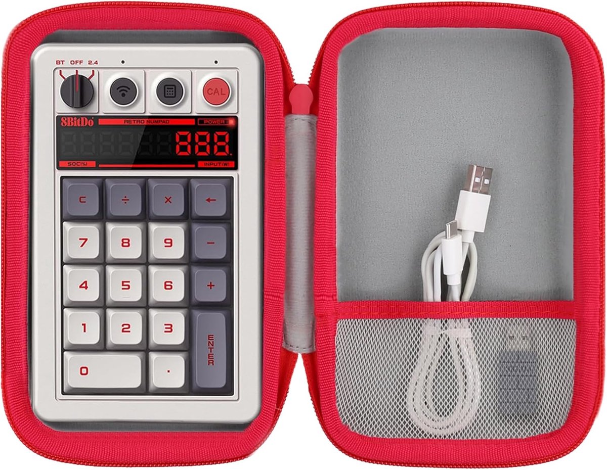 SnelShoppen - Hard Travel Case voor 8BitDo Retro 18 Mechanisch Numpad, Beschermende Opbergtas, Schokbestendige EVA Shell, Wit+Rood, Inclusief Handgree