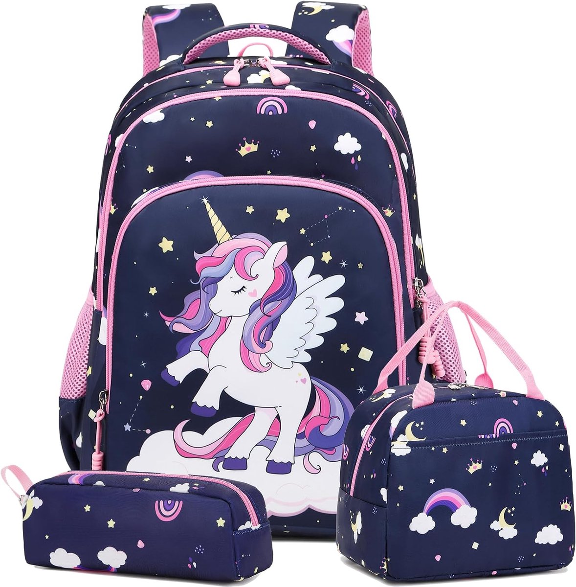 Kinderrugzak Set - Unicorn Tas - Naar School - Waterafstotend Materiaal - 3 Delig - Blauw Roze