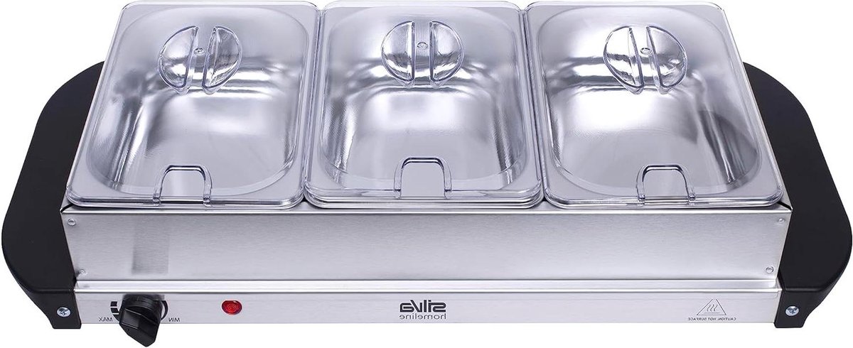 Buffetwarmer Warmhoudplaat - Servies Warmhouder - Gerechten Warm Houden - 2-in-1 Functie - 3 Bakken 1.5L - Zilver