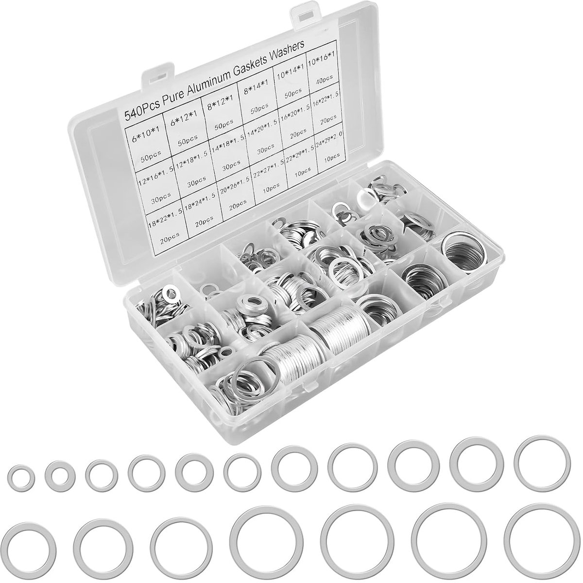 SnelShoppen - 540 Stuks Aluminium Sealing Ringen, Aluminium Washers, Platte Seals Set met Assortimentdoos, M6, M8, M10, M12, M14, M16, M18, M20, M22,