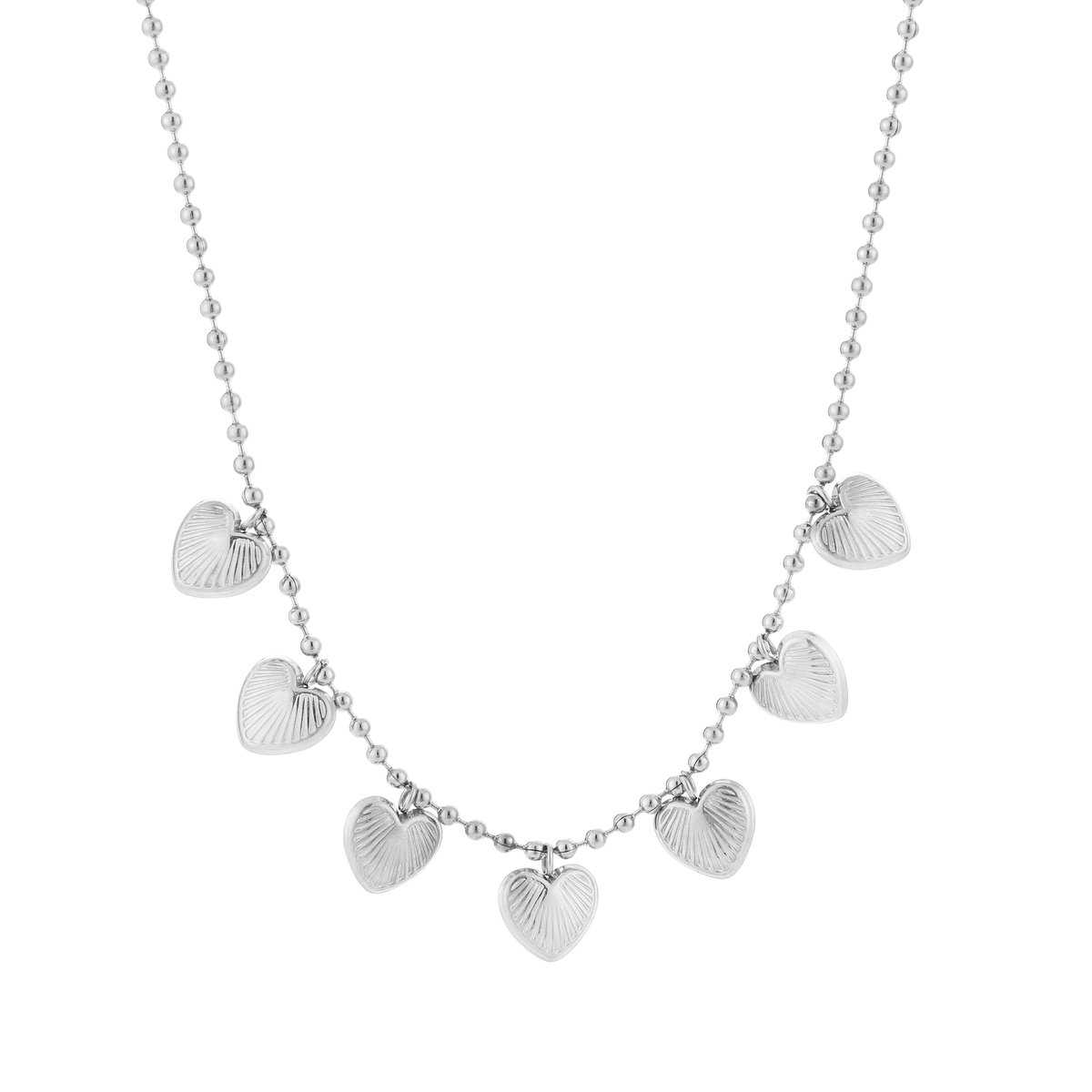 Harten Ketting Dames - Roestvrij Staal (RVS) - Met Meerdere Bewerkte Hartjes Bedels - Ball Chain / Kogelschakel Ketting 40+5 cm - Sieraden Cadeau Vrouw