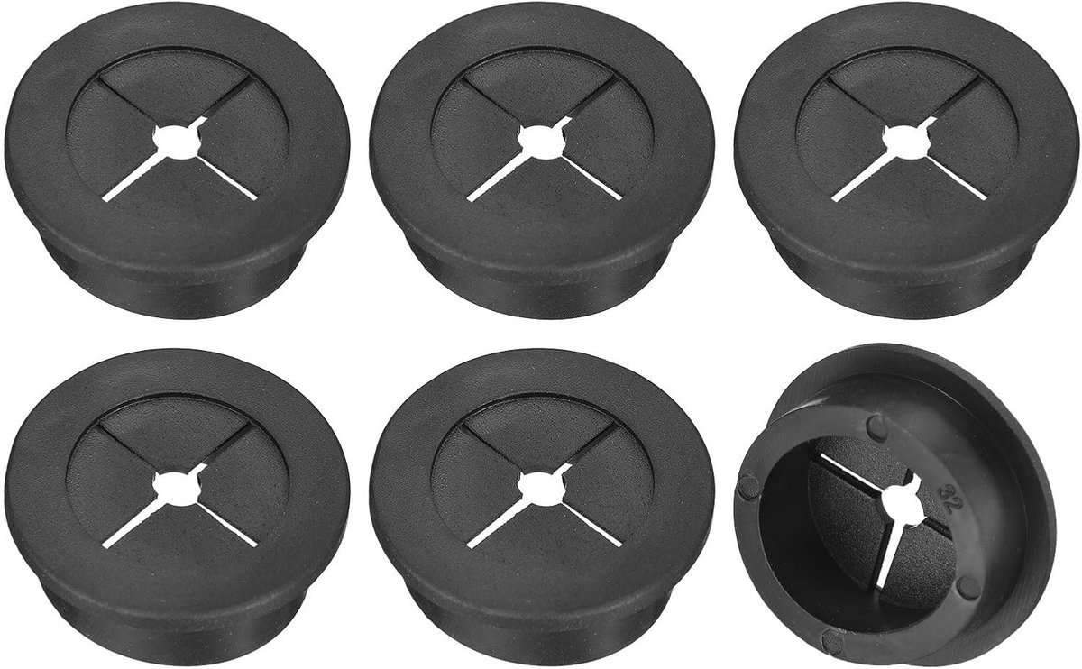 SnelShoppen - 6 Stuks Desk Kabeldoorvoer, 32mm Flexibele Rubber Kabelgrommet, Gatenafdekking voor Kabelorganisator, Bureau, Computer, Zwart