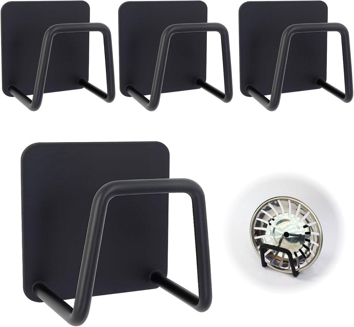 Sponshouder Keuken - Zwart - 5 x 5 cm - Roestvrij Staal met Sterke Kleefpad - Voor Keuken, Badkamer of Kantoor