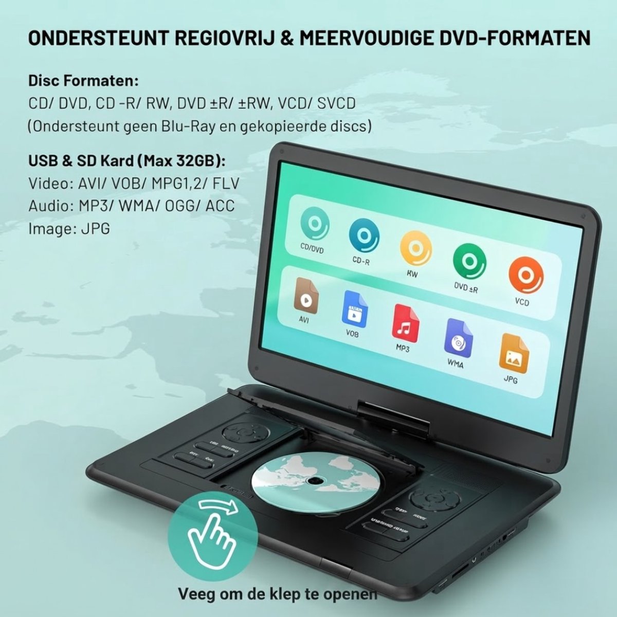 JCP® Draagbarer Dvd Speler - Draagbare Dvd Speler met Scherm - Draaibaar Scherm - Zwart - 38cm x 27cm x 5cm