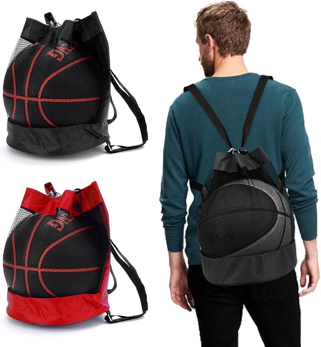 Pack of 2 Basketball Bag, Ball Net, 1 Ball, Foldable Ball Bag, Multifunctional Football Backpack with Drawstring - ShopVlot