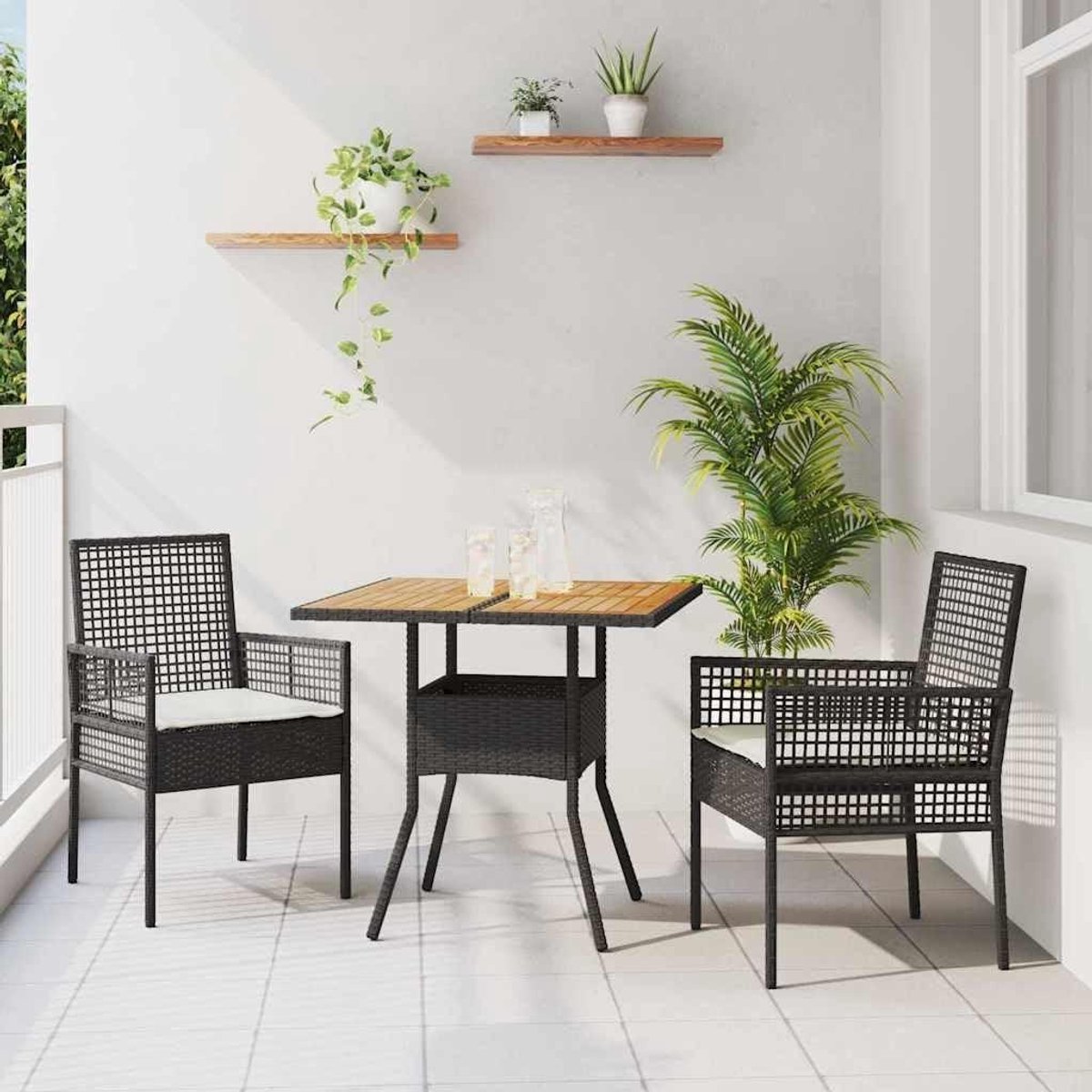 Eetkamerset Tuin - Tuinset 3-delig - Buiten Eten - Polyrotan Acaciahout - 80 x 80 x 75 cm - Zwart