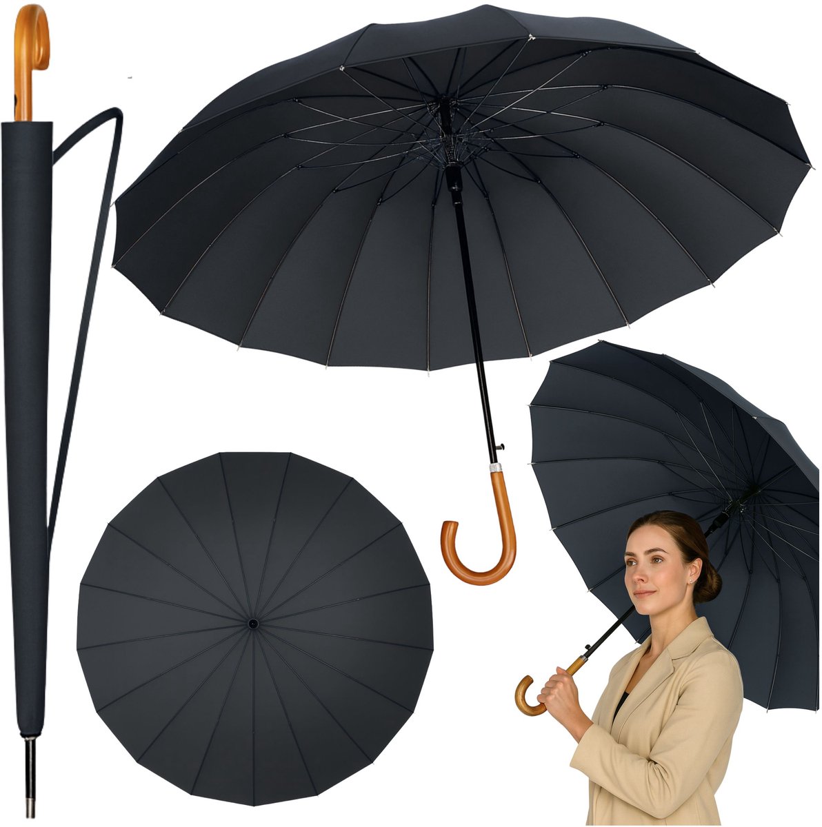 Grote Automatische Paraplu Met Armhoes 24-rib Zwart 115 Cm - UNI