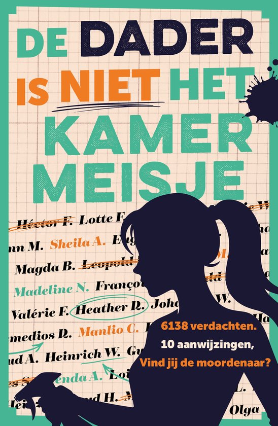 Boekomslag met de titel "DE DADER IS NIET HET KAMER MEISJE" in groene, oranje en zwarte letters. Een donkere schaduw van een meisje met een paardenstaart staat op de voorgrond.