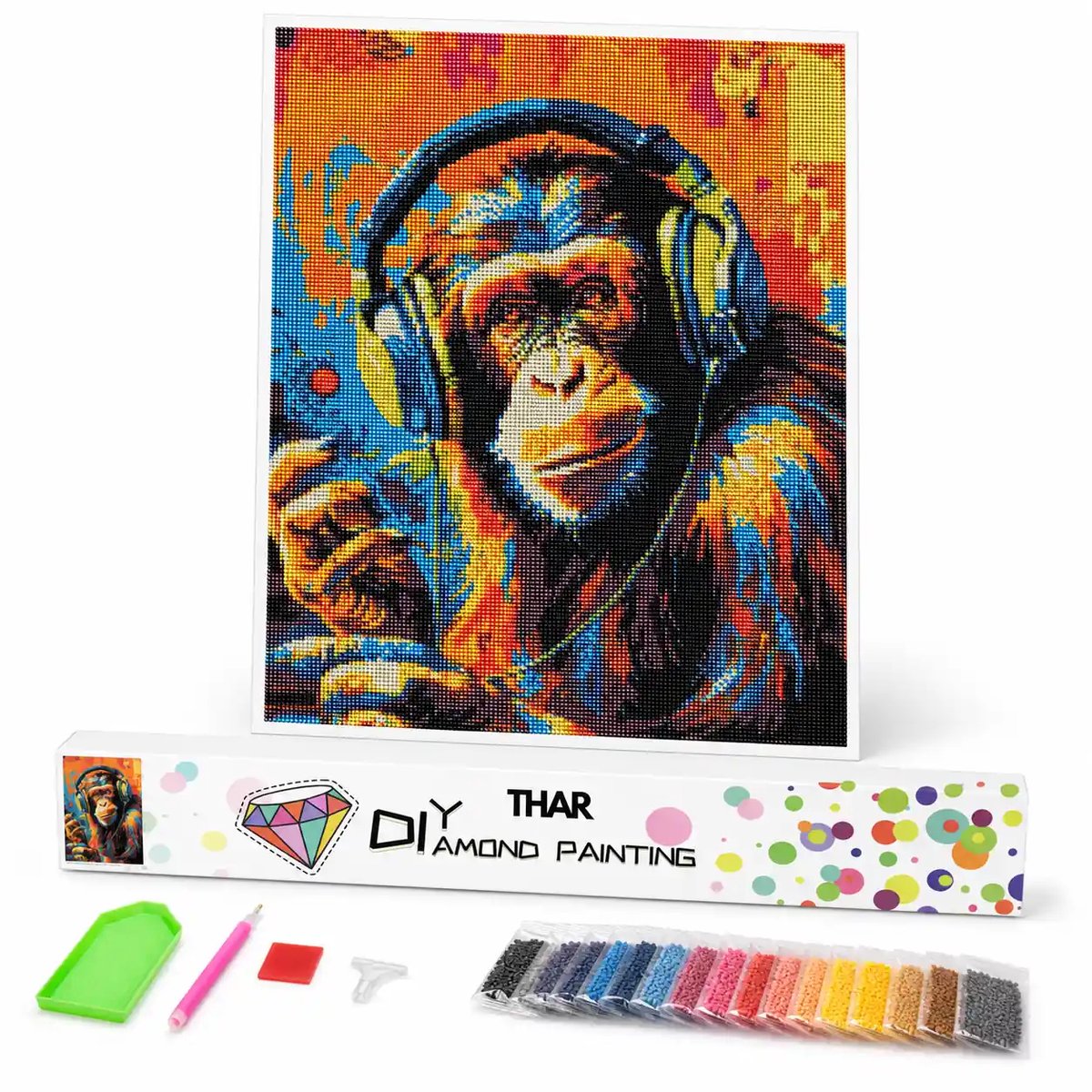 THAR Diamond Painting Aap met Koptelefoon 40x50 cm - Ronde Steentjes