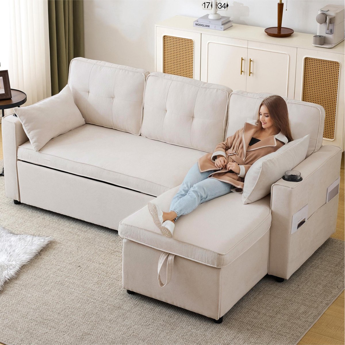 Sofa - L-vormig slaapbank met chaiselongue, verborgen opbergruimte, drinkhouders & zijvakken - 211x130x86 cm - Beige