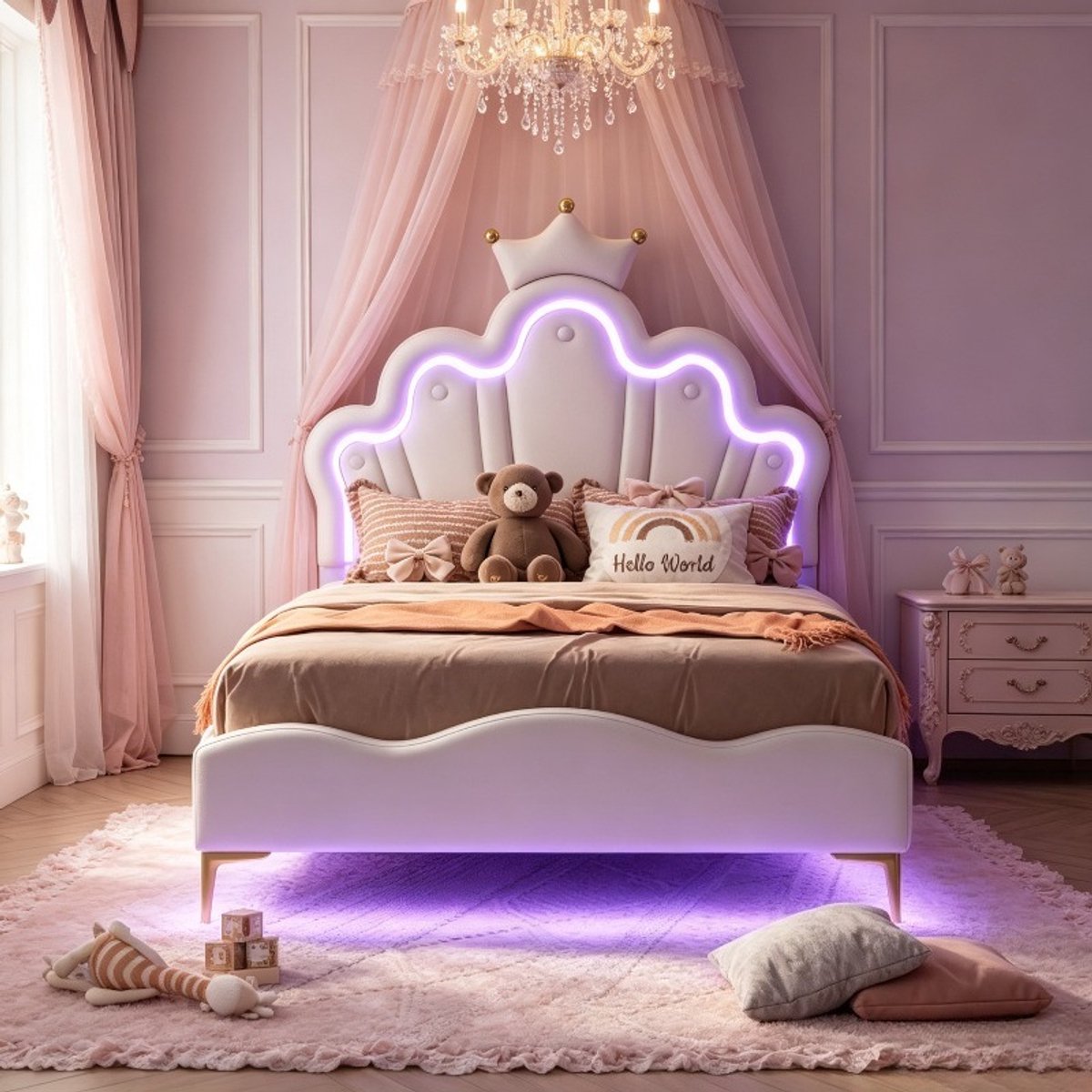 Kinderbed 90x200 cm, prinsessenbed met led verlichting aan hoofdbord en bedframe, zacht pu gestoffeerd bed met kroon hoofdbord, wit, zonder matras