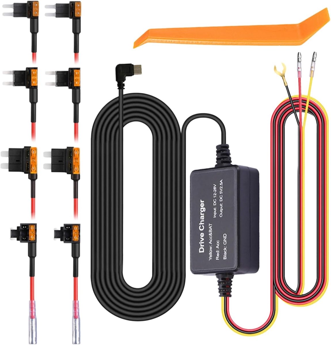Hardwire Kit voor Dashcam, 12V-24V naar 5V/3A USB-C Voedingsadapter, Inclusief Meerdere Zekeringen voor GPS en Radarwaarschuwingssystemen