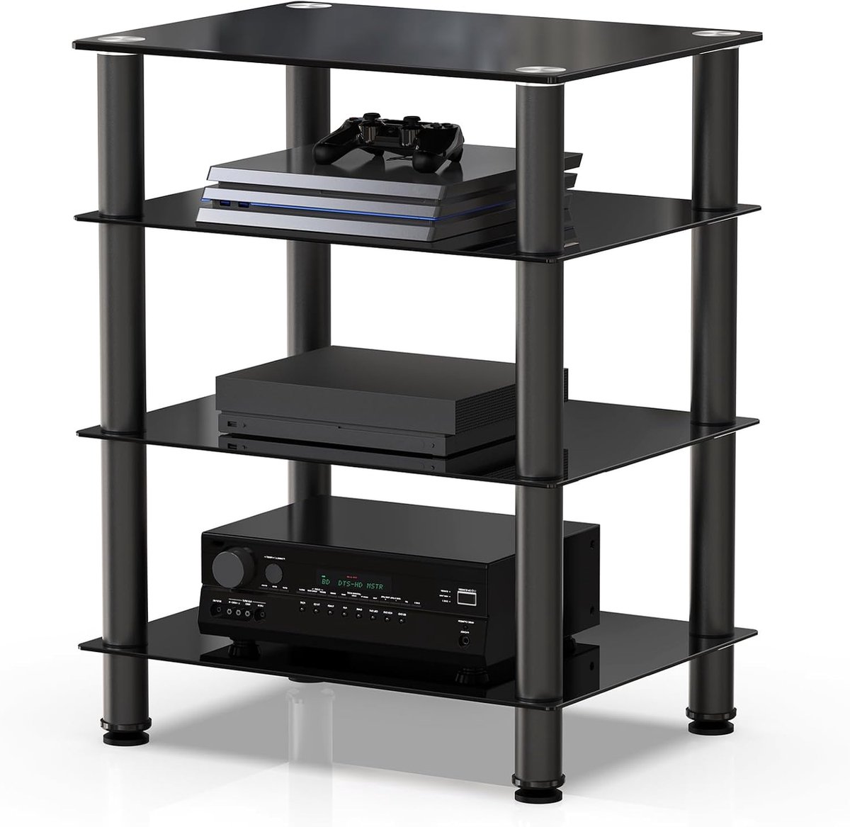 FITUEYES - 4-laags HiFi-meubel - Gehard Zwart Glas met Aluminium Frame - In Hoogte Verstelbare Planken - Geschikt voor platenspeler en versterker