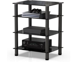 FITUEYES - 4-laags HiFi-meubel - Gehard Zwart Glas met Aluminium Frame - In Hoogte Verstelbare Planken - Geschikt voor platenspeler en versterker