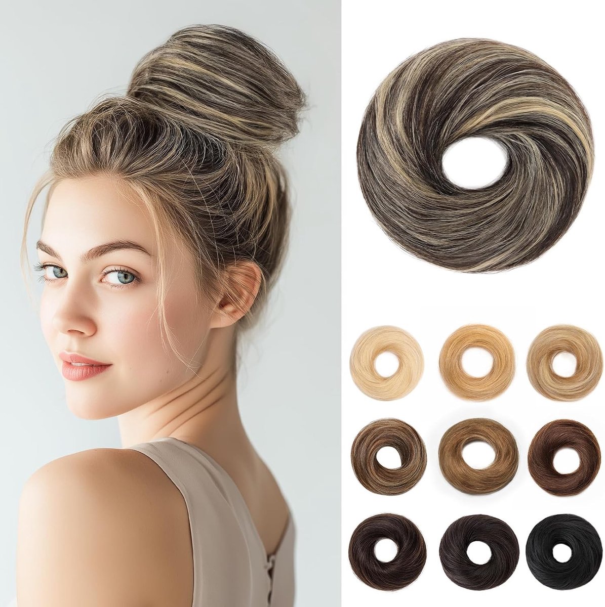 Haarstukje van echt haar - Natuurlijk Zwart met Platinablond - 6-8 cm - Donutvorm met Elastiek - Voor Dames