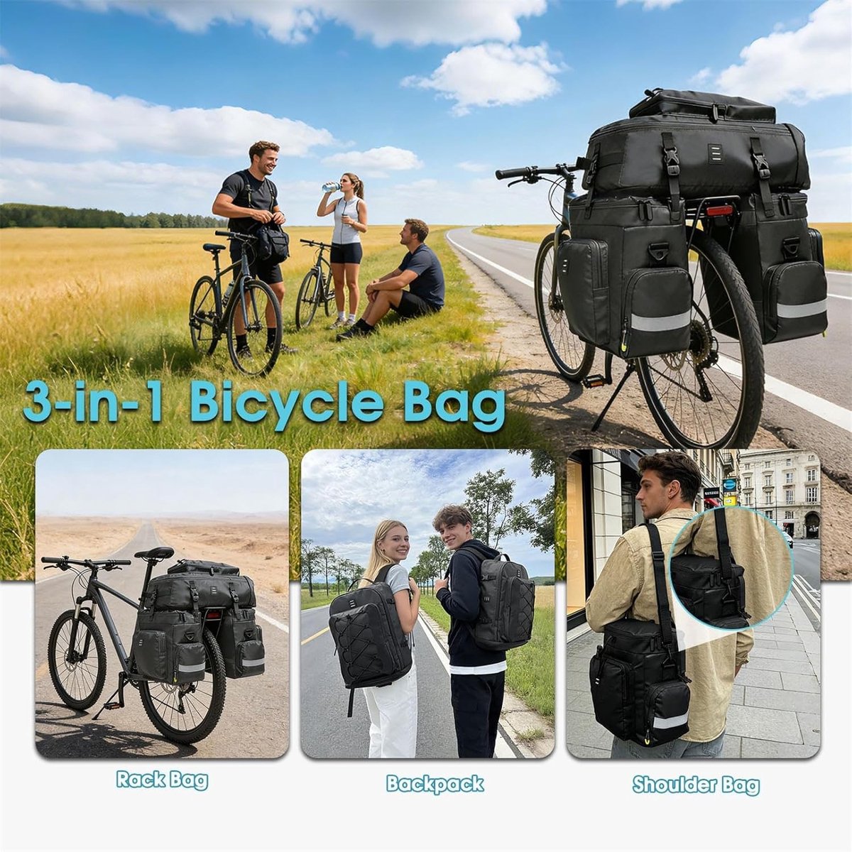 Multifunctionele Waterdichte Fietstas - Zwart - 65 liter - Robuuste Fietstas met Regenhoes - Voor Fietsen en Dagelijks Gebruik