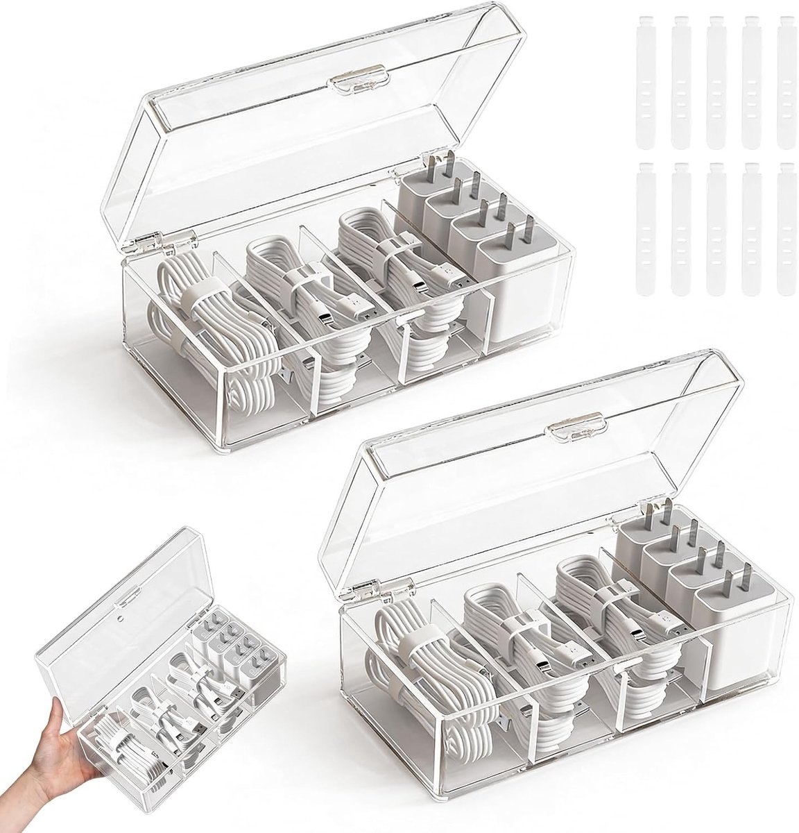 Kabel Organizer Box - Opbergdoos Kabels - Bureau Ordenen - Met Deksel - 2 Stuks - Transparant