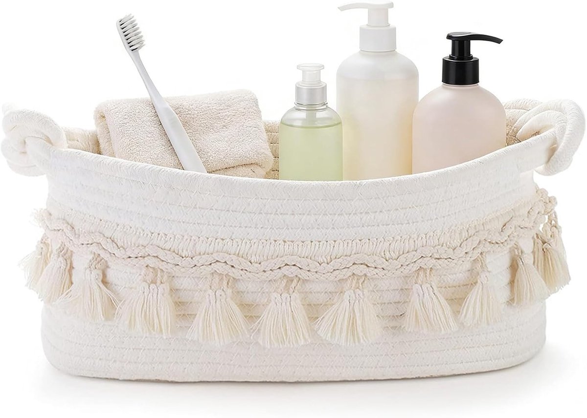 Opbergmand voor speelgoed en decoratie, 31 x 12 x 14 cm, gevlochten wit, ideaal voor badkamer, keuken en slaapkamer