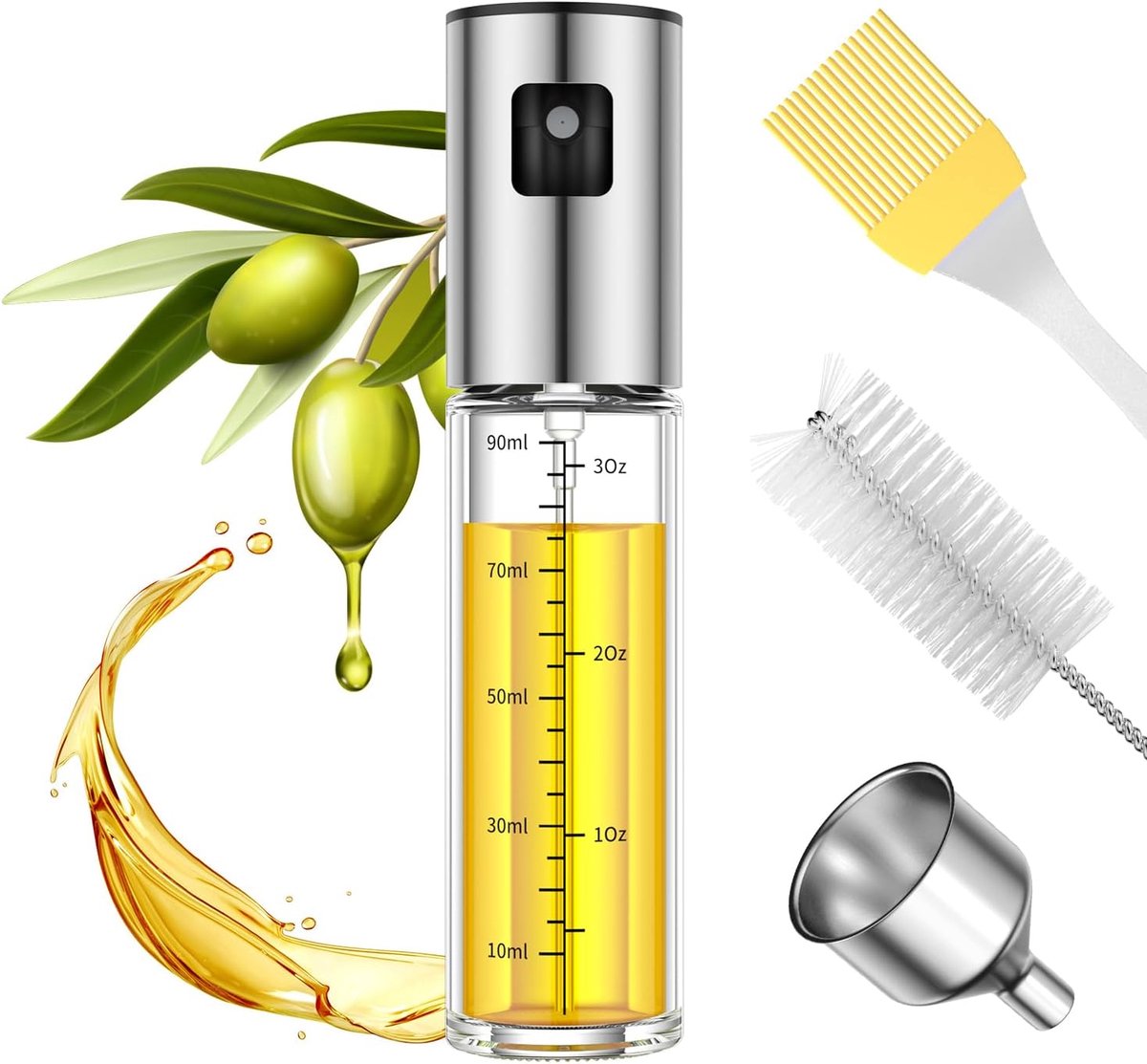 Oliesproeier voor het koken, oliespuitfles van hoogwaardig roestvrij staal en glas, 100 ml oliespray voor het koken, set inclusief roestvrijstalen trechter, reinigingsset inclusief, voor