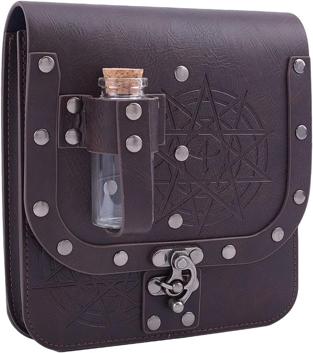 SnelShoppen - Middeleeuwse Faux Leren Rivets Heup Tas met 2 Flessen Retro Renaissance Heuptas Voor LARP, Kokosnoot Bruin