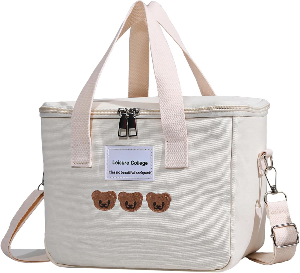 SnelShoppen - Schattige geborduurde thermotas met cartoonbeer, waterdicht, verstelbaar, ideaal voor dames, school, werk, picknick, kleur: wit, kawaii-