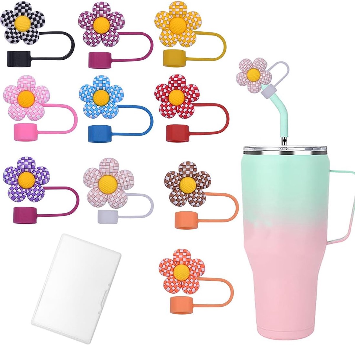 SnelShoppen - Set van 10 Rietjes Covers - 10mm Dustproof Silicone Rietje Deksel - Herbruikbare Silicone Bloem voor Stofbescherming Rietje Deksel - Kle