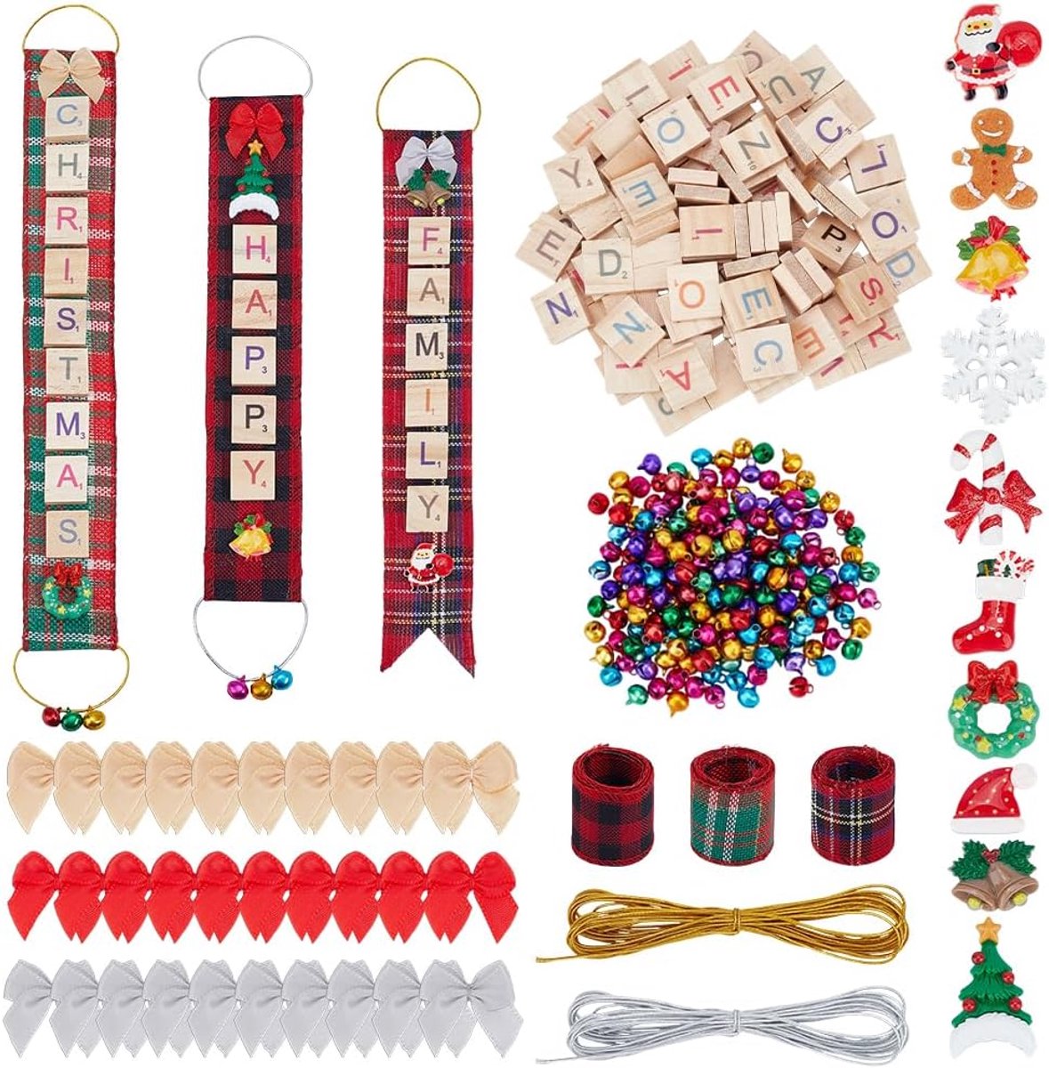 SnelShoppen - BENECREAT 340 DIY Set voor Kerstdecoraties, Diverse Hars Mini Hangers (Sneeuwvlokken, Bomen, Bubbels) en Kleurrijke Ribbons, Kransdecora