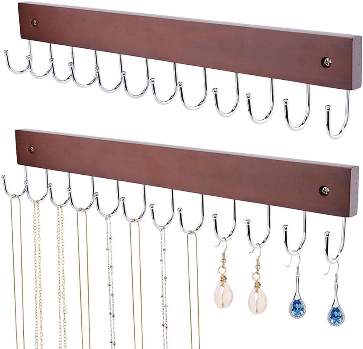 SnelShoppen - 2 Stuks Houten Wand Gemonteerde Ketting Organizer met 24 Haakjes, 36,5 cm Brede Sieraden Hanger voor Kasten, Dressoirs en Badkamers, Rui