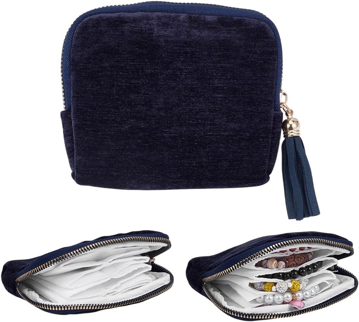 SnelShoppen - Compacte Reis Sieraden Tas, 11,2 x 12,7 x 3,2 cm, Zachte Stof met Rits en Kwastje, Ideale Opbergdoos voor Oorbellen en Kettingen, Elegan