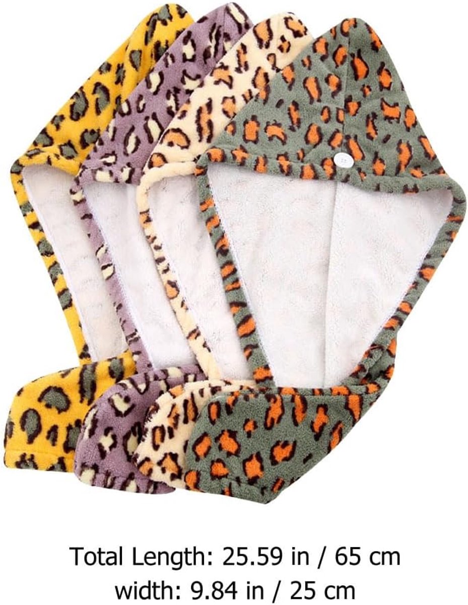 SnelShoppen - Pack van 4 Luipaard Microvezel Haarturbans, Dikke Absorberende Handdoeken voor Sneldrogen van Lang Haar, Lichtgewicht en Draagbaar