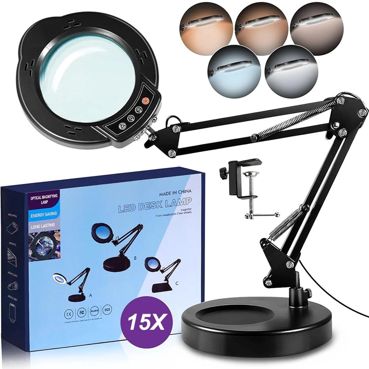 Seth Select Professionele LED Vergrootlamp – 15x Vergroting met 84 LED's, Dimbare Verlichting, Tafelklem en Voet