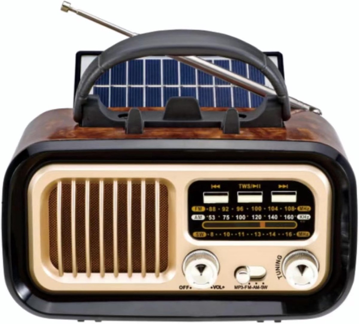 SnelShoppen - Bluetooth Vintage Retro Radio, Draagbare FM Transistor Radio, Oplaadbare Zonne-energie Radio, TWS, Ondersteunt TF-kaart/USB, Compact en
