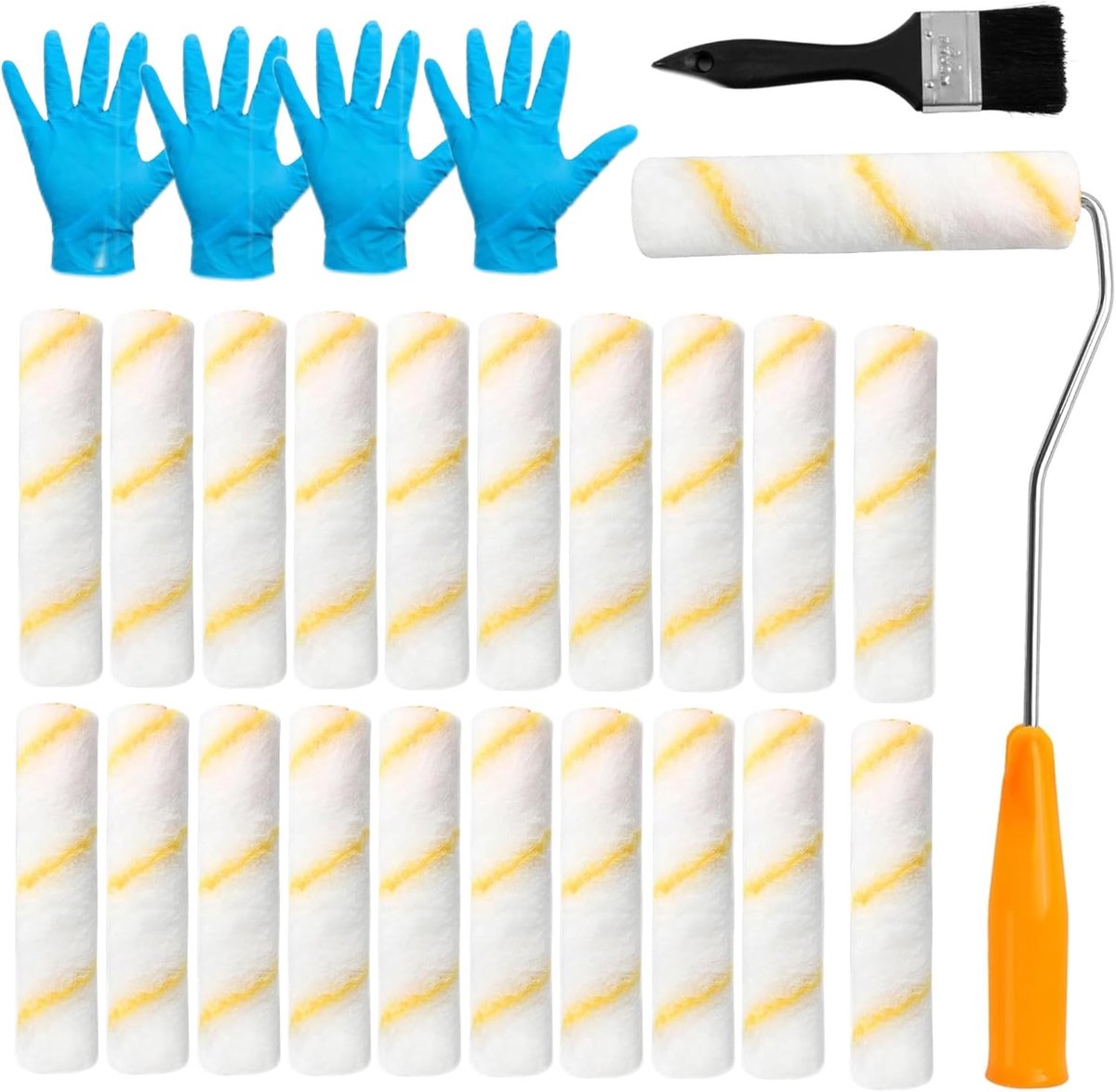 SnelShoppen - Kleine Verfroller Set 20 Stuks 15 cm Verfrollers met 2 Handvatten 4 Handschoenen en 2 Kwasten Voor Muurverf en Binnenruimtes