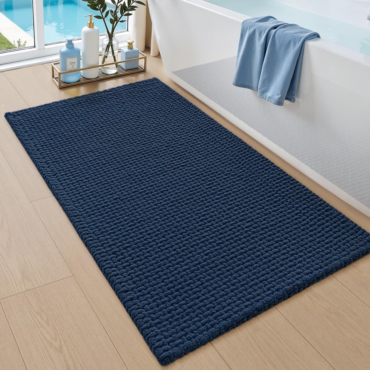 SnelShoppen - Chenille Badmat 60x90cm, Absorberend en Antislip, Zacht en Sneldrogend, Machinewas Badkleed voor Badkamer, Douche en Bad, Blauw