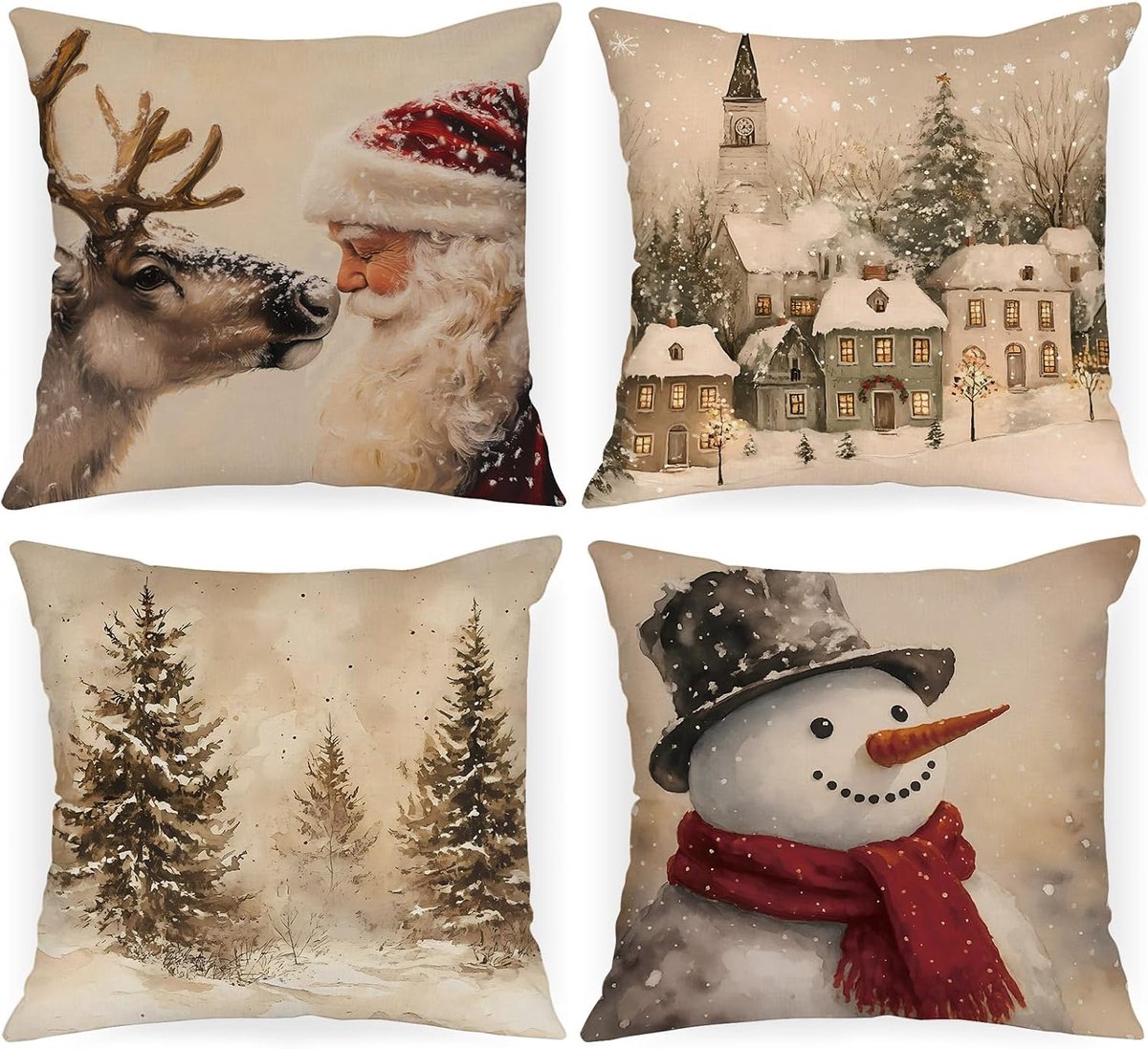 SnelShoppen - Set van 4 Kerst Kussenhoezen 50x50cm - Vintage Santa, Rendier, Sneeuwman & Kerstboom - Zachte Pluche Decoratieve Kussenhoezen voor Woonk