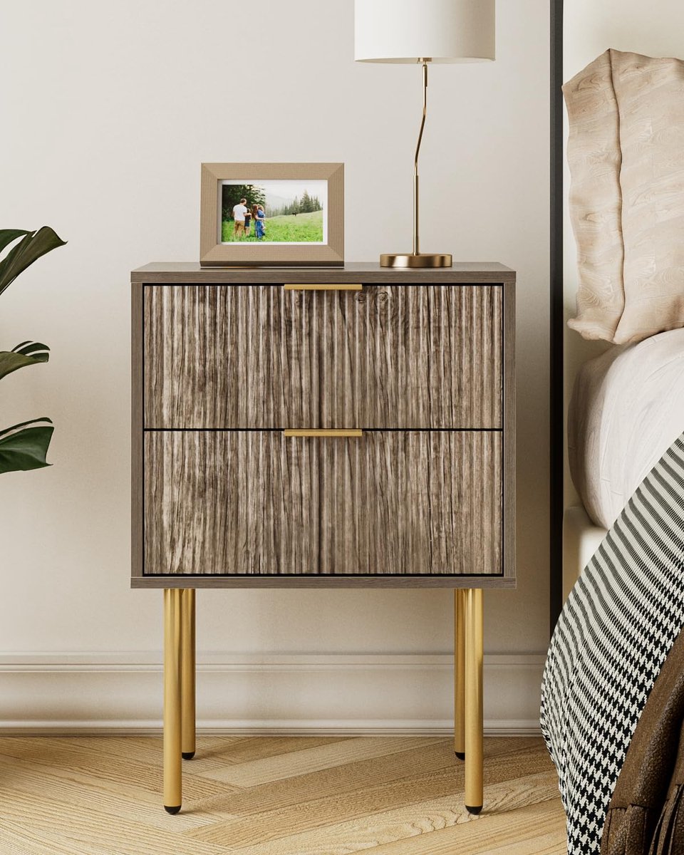SnelShoppen - Modern Boho Nachtkastje met 2 Laden - Grijs Hout voor Slaapkamer en Woonkamer - Stijlvol en Functioneel Nachtmeubel voor Thuis