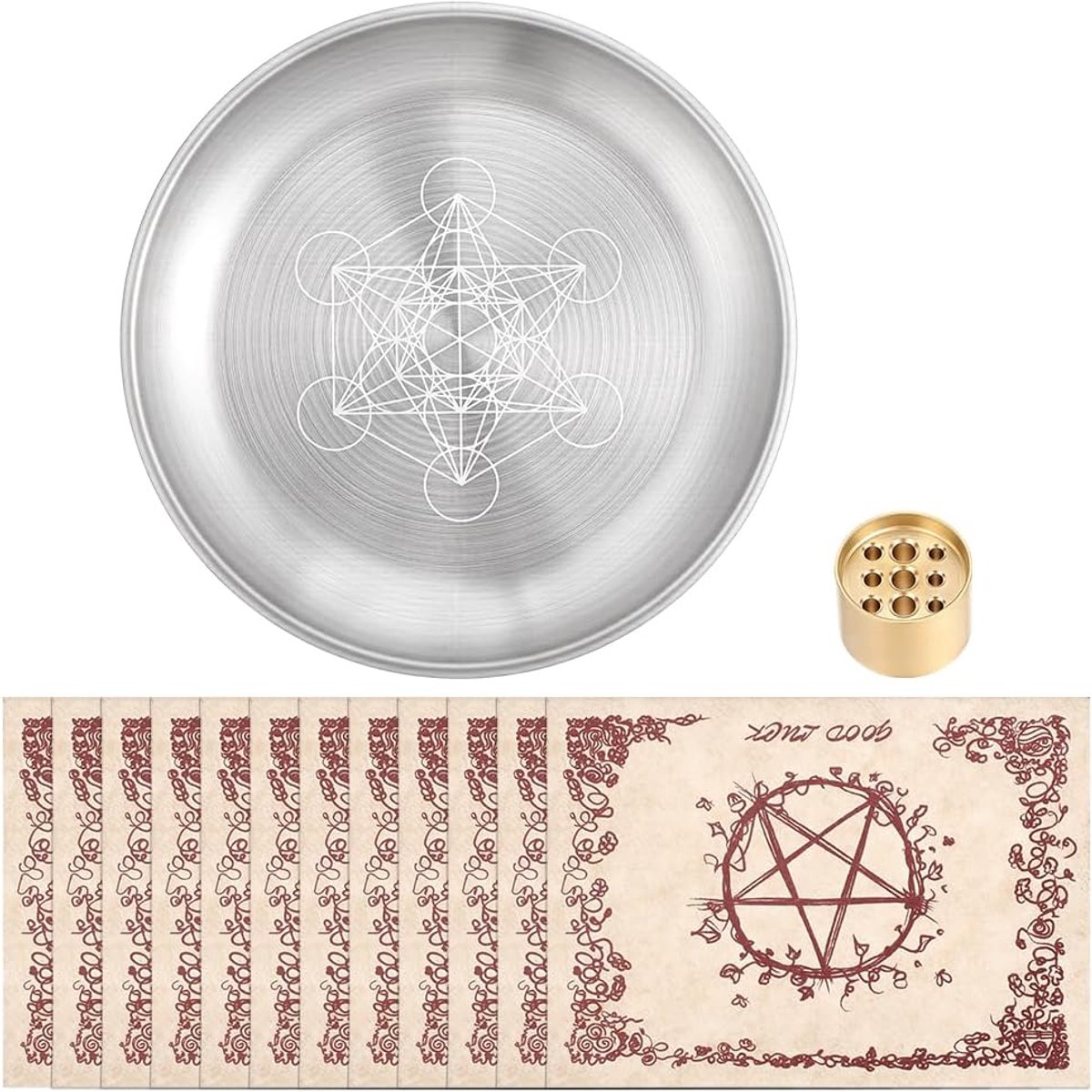 SnelShoppen - Ronde Offeringschaal/Rituele Schotel met 12 Perkamentvellen en 1 Wierookhouder - Decoratieve Schalen/Cadeau voor Feest en Ceremonies