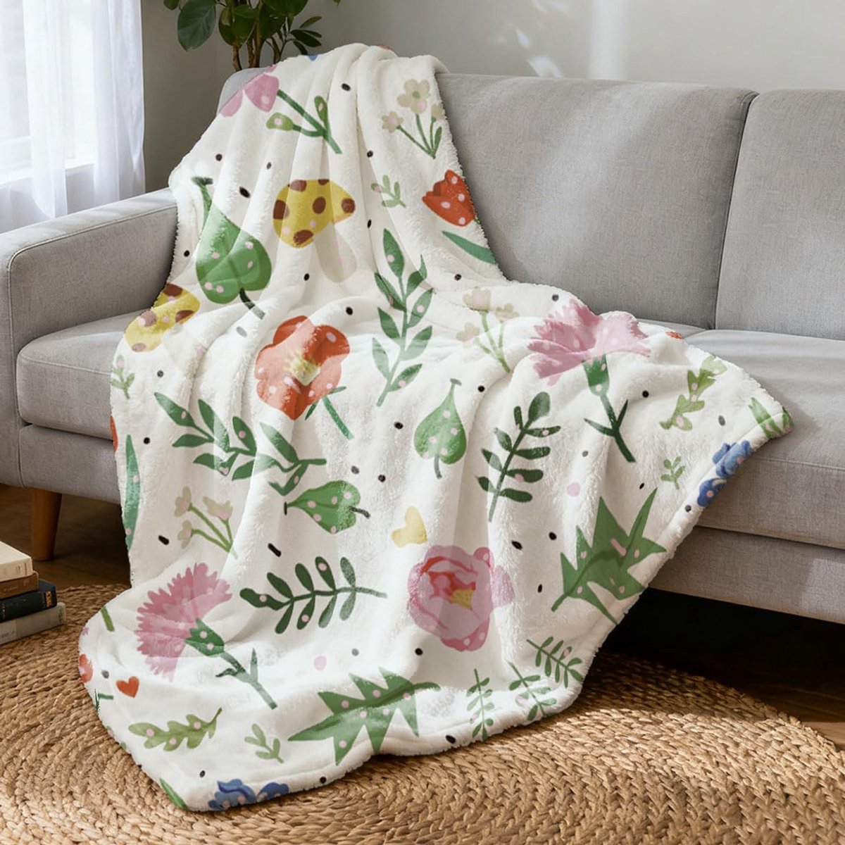 SnelShoppen - Schattige Pluizige Deken voor Paddenstoelen en Bloemen, Cartoon Deken voor Bed, Kantoor en Reizen, Zachte Warmtedeken in Roze, Groen en