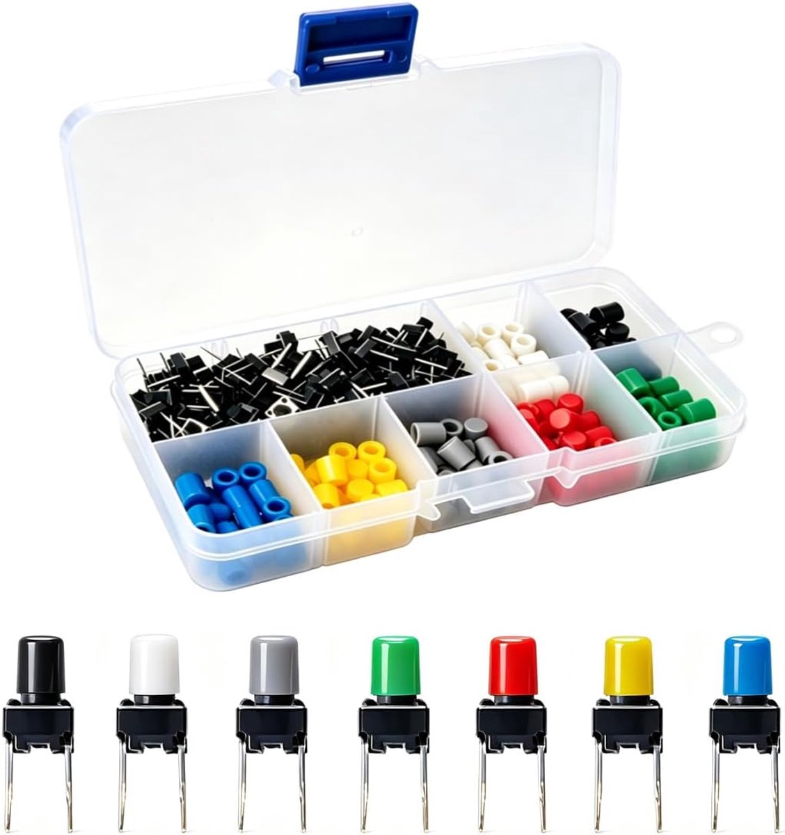 SnelShoppen - 105 Stuks 6×6×8mm Drukknoppen Schakelaar met 7 Kleurige Knopdoppen voor Arduino Breadboard - Tactiele Momentary Schakelaar, 50mA, 12V DC