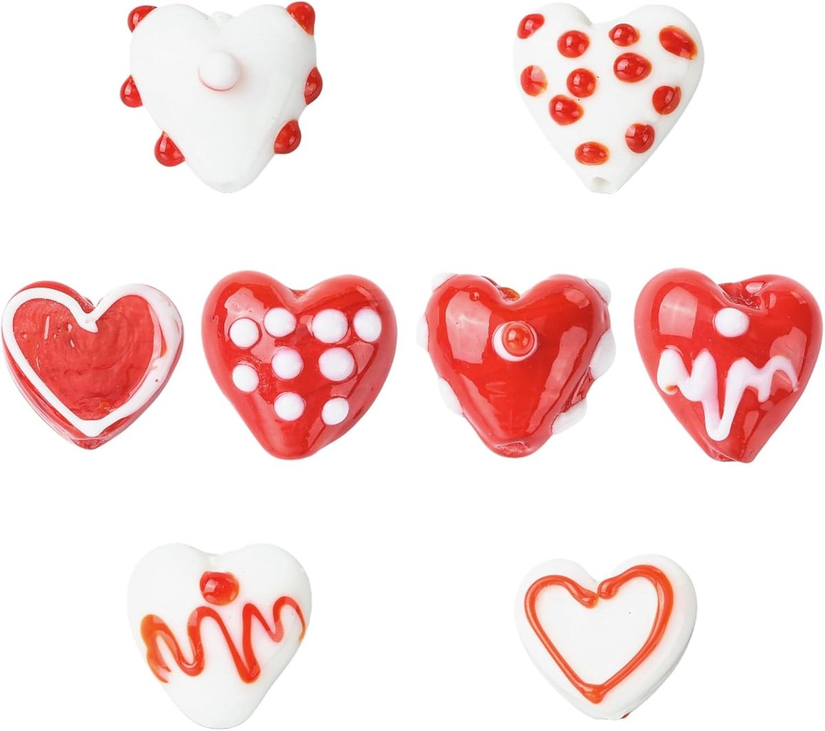 SnelShoppen - Lampwork glazen hartkralen set van 8 stuks, 8 stijlen, rood en wit, hartvormige afstandskralen voor DIY sieraden maken, armbanden, ketti