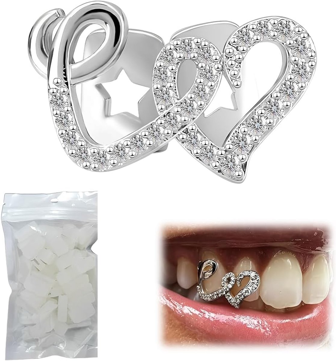 1 Pezzo Gioiello Dentale Orecchini Per Denti Doppio Cuore Zirconi Gioielli Dentali Regolabile Rame Decorazione Dentale - ShopVlot