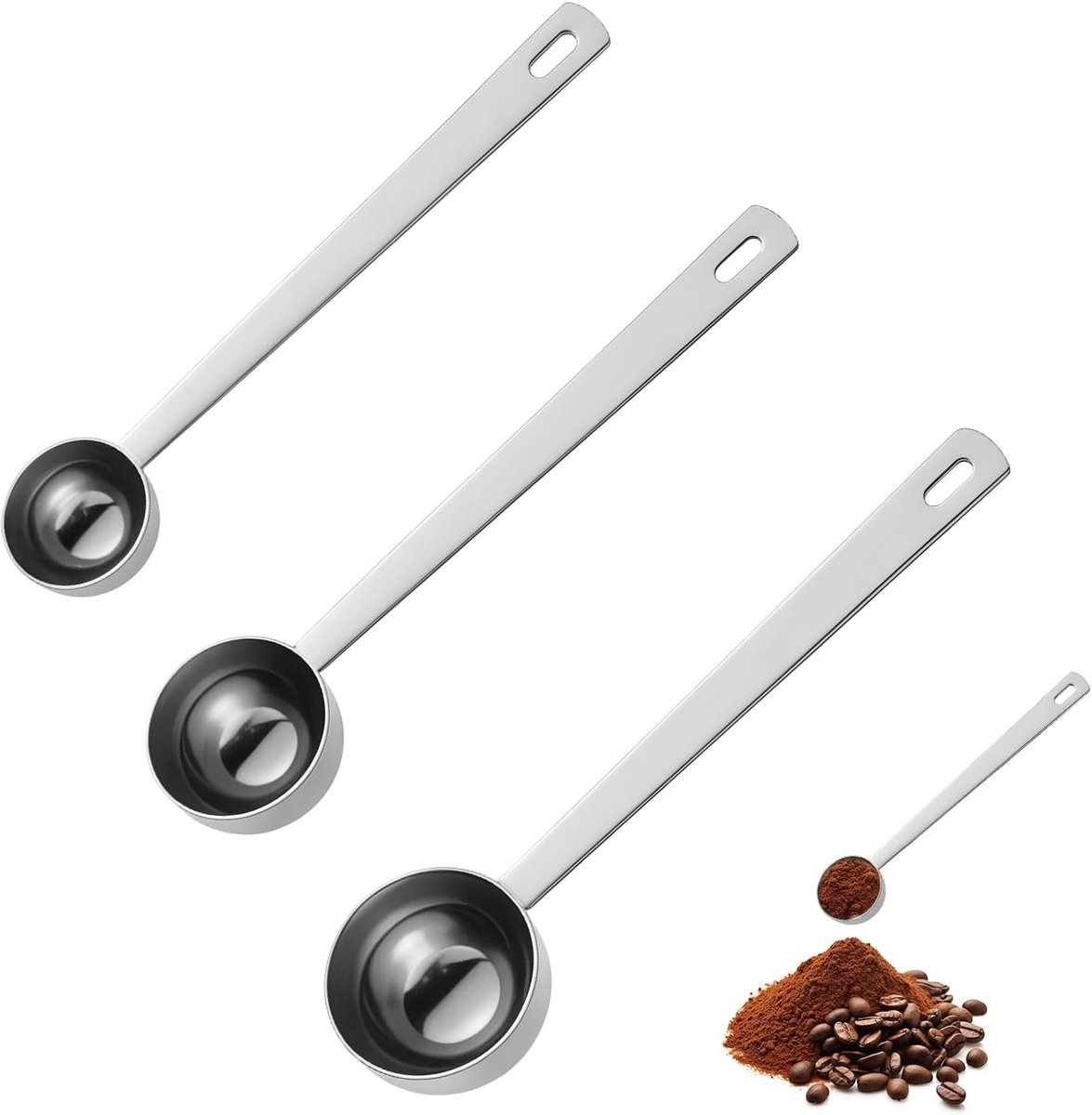 SnelShoppen - Set van 3 RVS Meetlepels | 5ml, 10ml, 15ml | Met Lange Handgreep, Zilver, Voor Koffie, Thee, Melk en Poeders