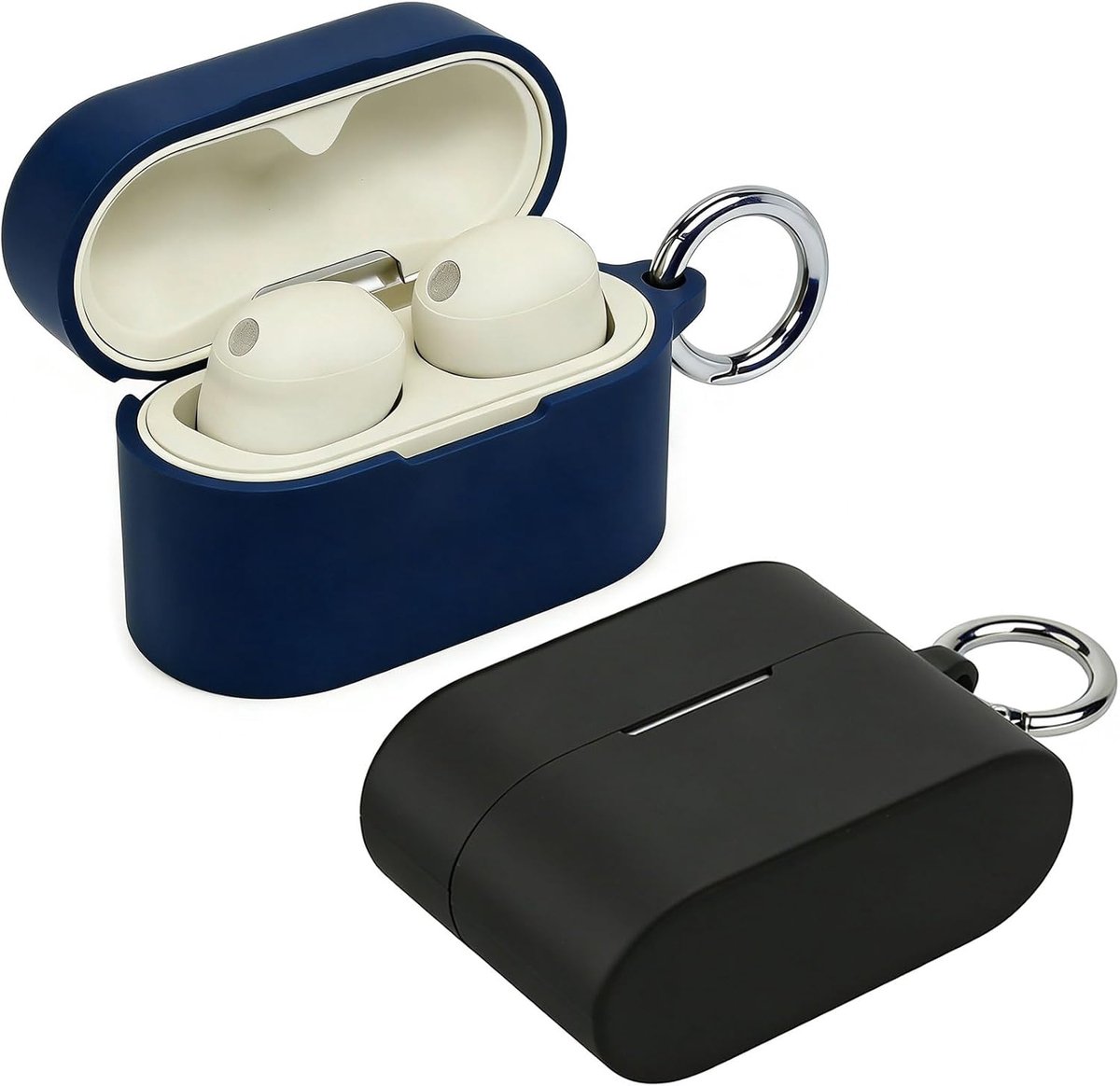 SnelShoppen - Telefoonhoesje voor Sony WF-1000XM6, Vloeibare Siliconen Case, Stootvast, 2 Karabijnhaken, Beschermhoes, Hoofdtelefoontas, Zwart en Blau