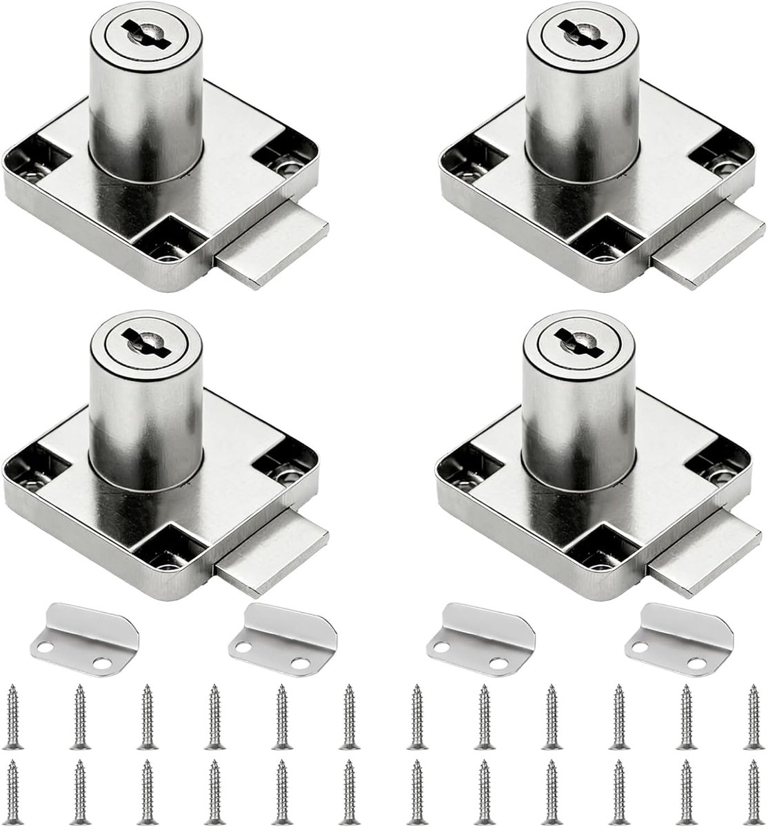Set van 4 kastsloten, 22 mm zilver van staal met sleutel, schroefslot, voor meubels, laden, kantoor, brievenbus - ShopVlot