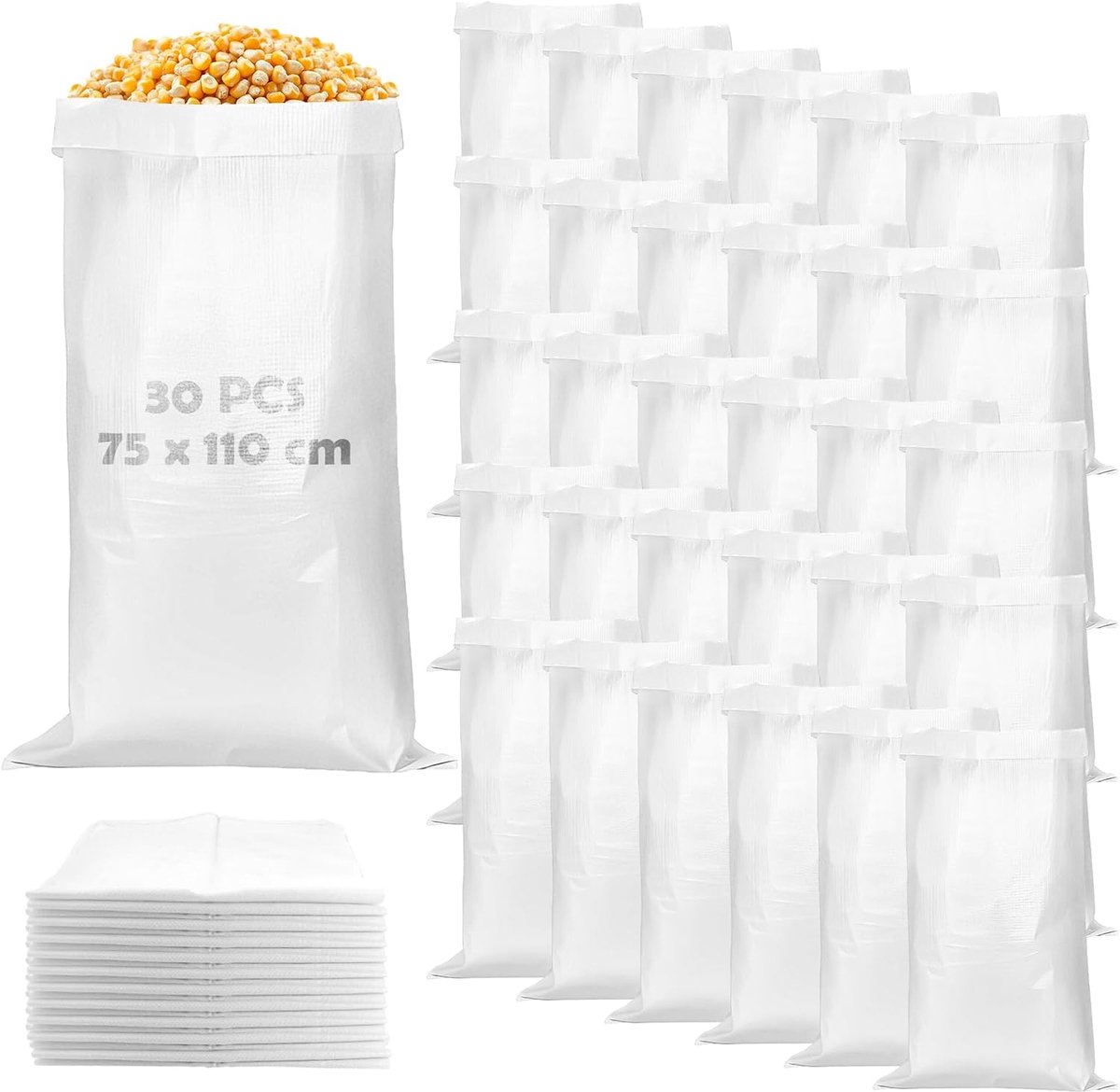 SnelShoppen - 30 Stuks Weefselzakken 75 x 110 cm, Zandzakken om te Vullen, Plastic Stoffen Zakken 50 kg, Bouwafvalzakken, Stabiele Aardappelzak voor V
