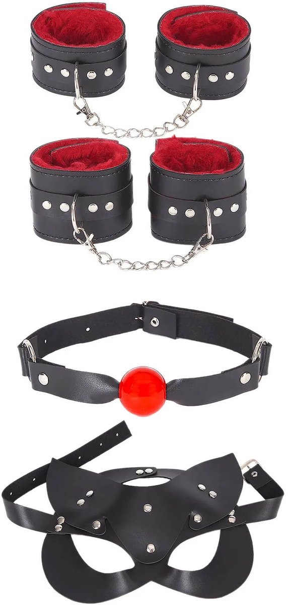 Zwart Kunstleren Set met 4 Accessoires - Handboeien, Mondstuk, Masker en Fetisjuitrusting in Standaardmaat