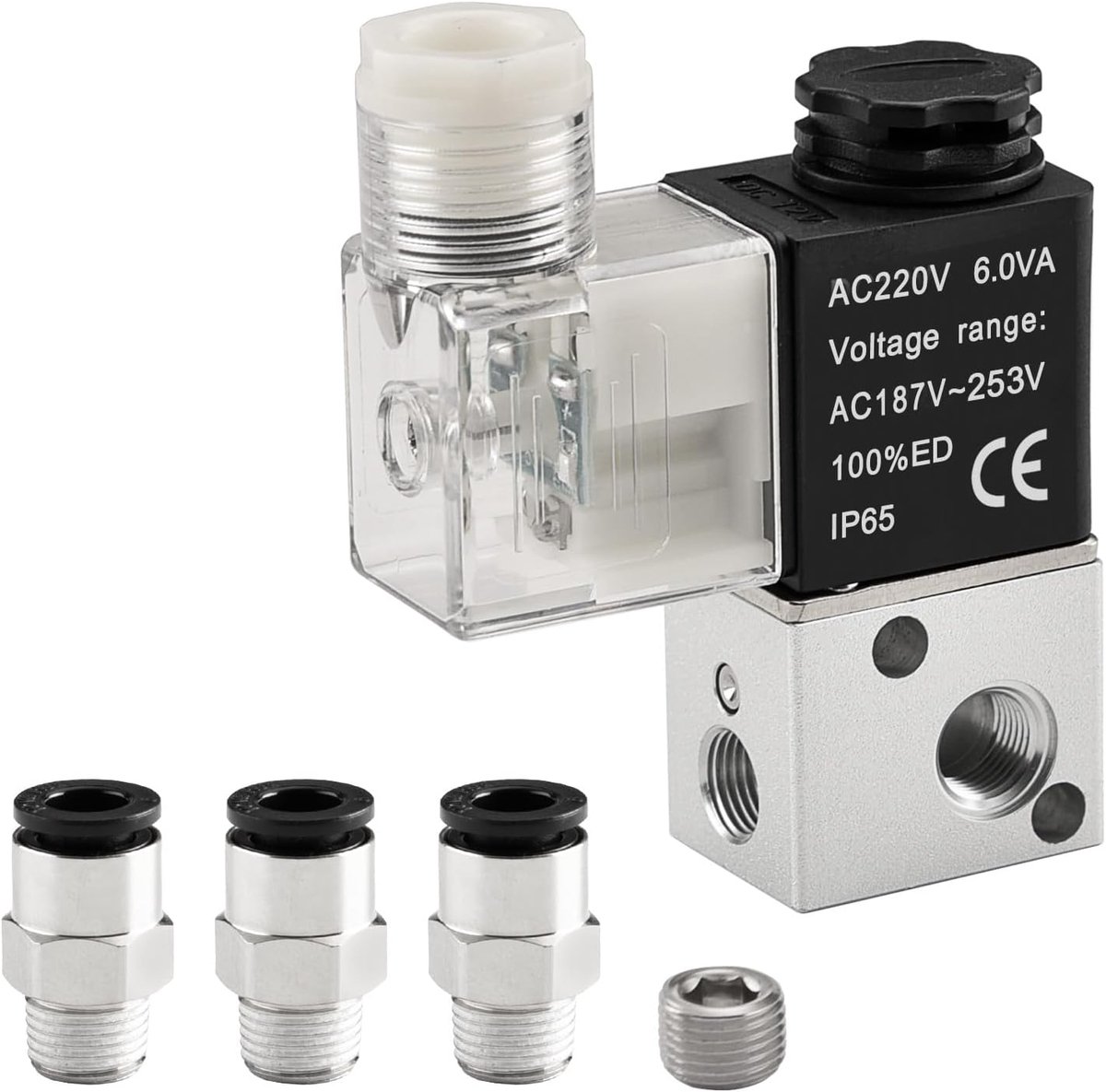 SnelShoppen - Elektrische Pneumatische Solenoidklep 3V1-06 220VAC PT1/8 3/2 Weg Normaal Gesloten CE Met Aansluitstukken en Demper