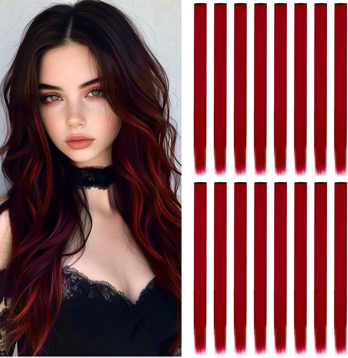 Red Clip-In Hair Extensions - 16 Pieces 22'' Synthetic Straight Hair for Women and Girls Highlights - ShopVlot